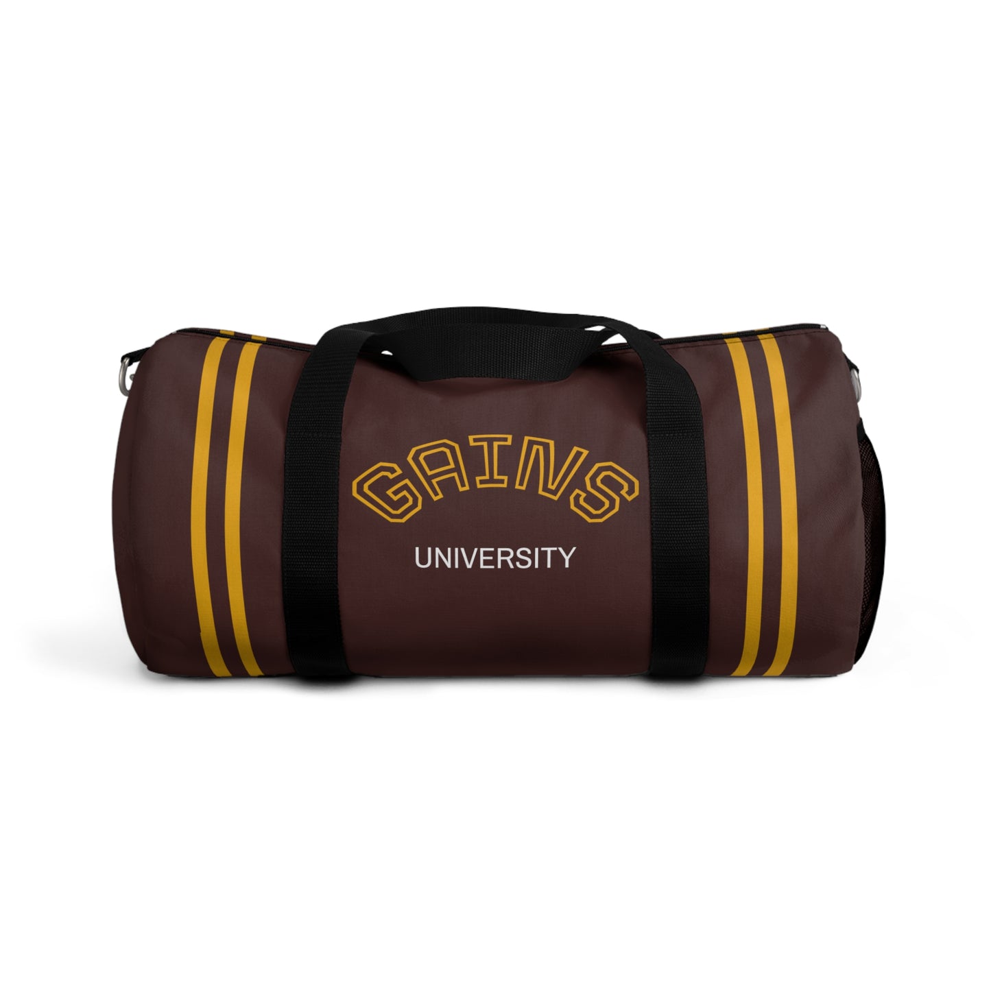 Gains University Duffel Bag — Retro Gym Travel Bag with Athletic Stripe