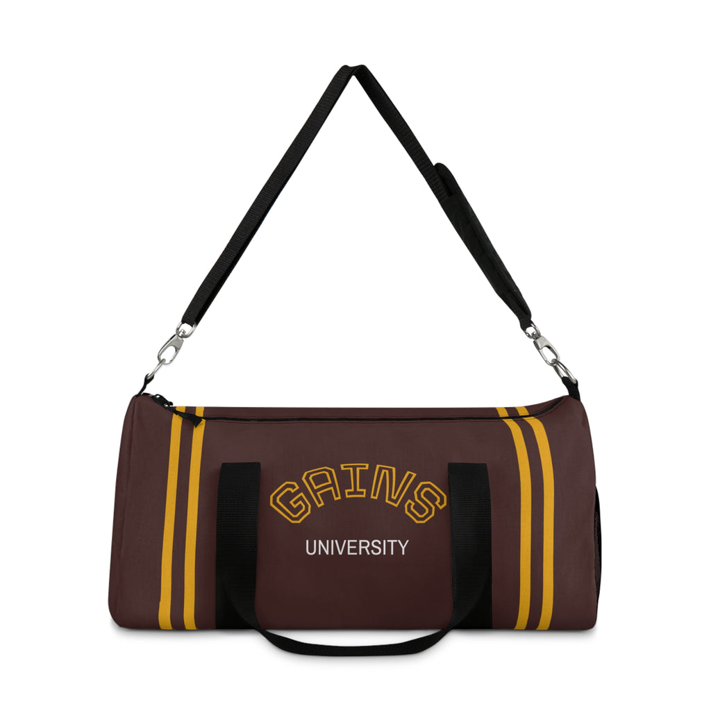 Gains University Duffel Bag — Retro Gym Travel Bag with Athletic Stripe